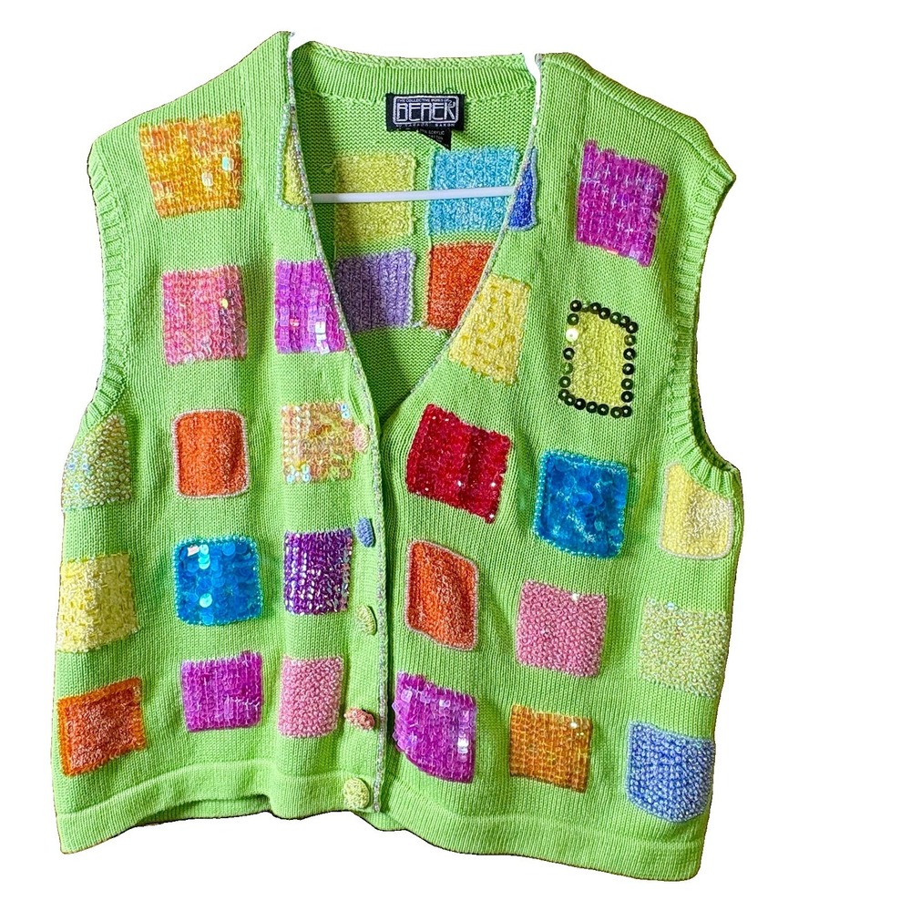 Berek 2 Sweater Vest Green With Sequin And Bead Patchwork Women's Sz L VTG Artsy